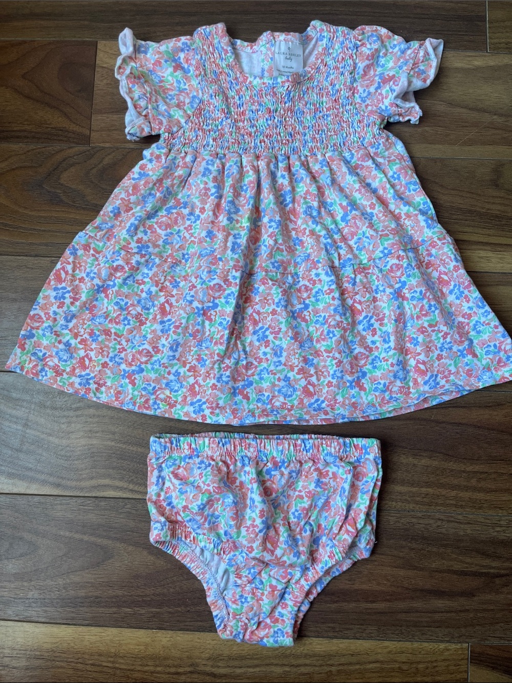 Girls 18 months Laura Ashley Baby Floral Smocked Dress Coral Blue Green Summer